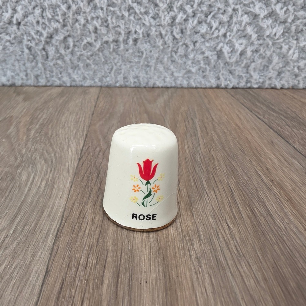 Vintage Rose Ceramic Thimble Floral Collectible with Display‎ Case Cream Glossy